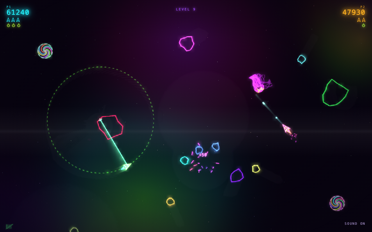 Hypercolor Asteroids mid-wave: two scores in the top corners, neon vector rocks in eight colours, a ship on the end of a lit grapple line swinging around a dotted arc, and a kraken breaking apart under fire.