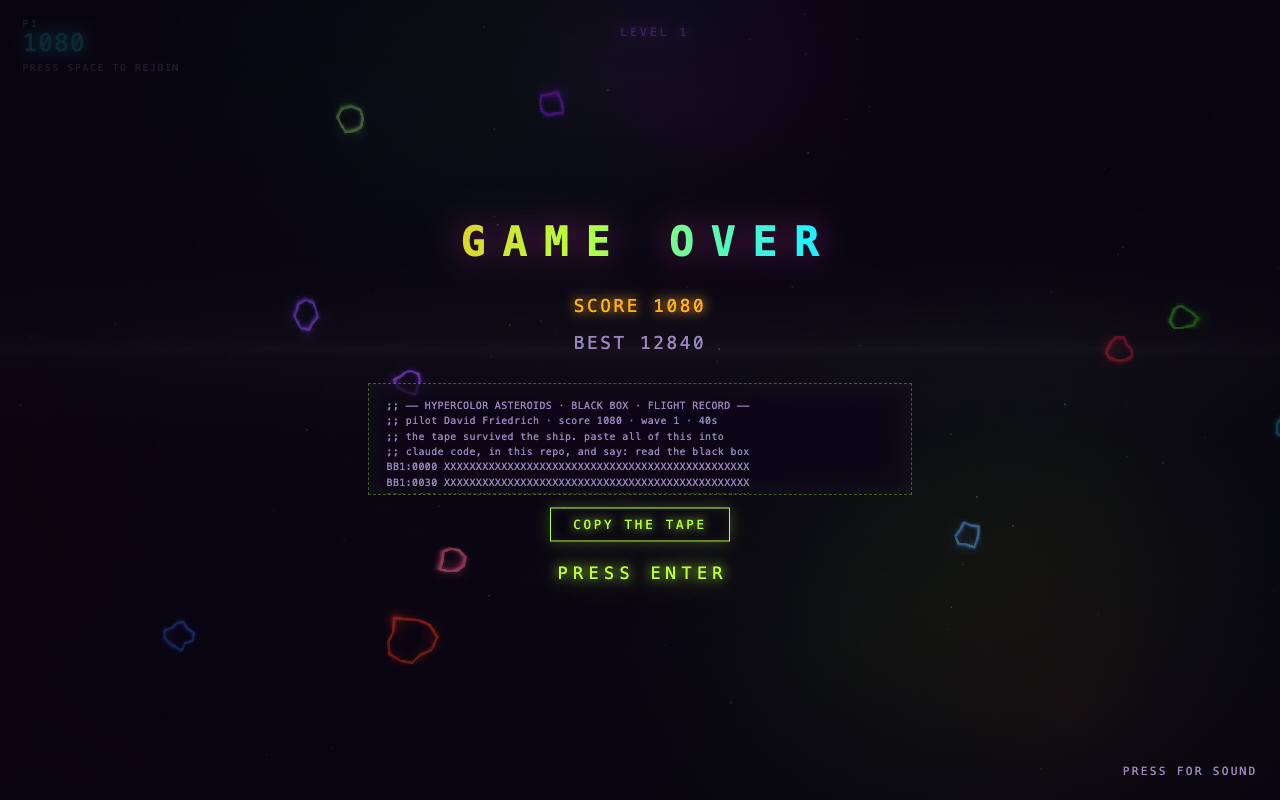 The Hypercolor Asteroids game-over screen: score, best score, and a dashed panel holding the sealed black box (a header naming the pilot, score, wave and duration above two BB1 data lines) with a "copy the tape" button under it. The data itself is X-ed out.