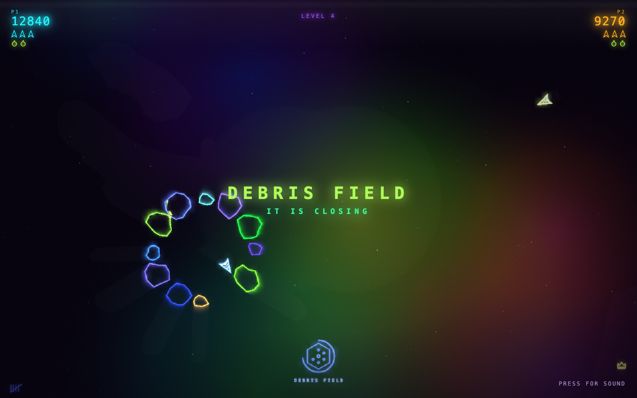 An ambush firing in Hypercolor Asteroids: rock closing in a ring around the ship with one gap left open, "DEBRIS FIELD — IT IS CLOSING" across the middle of the field, and the ambush’s glyph counting down at the foot of the screen.